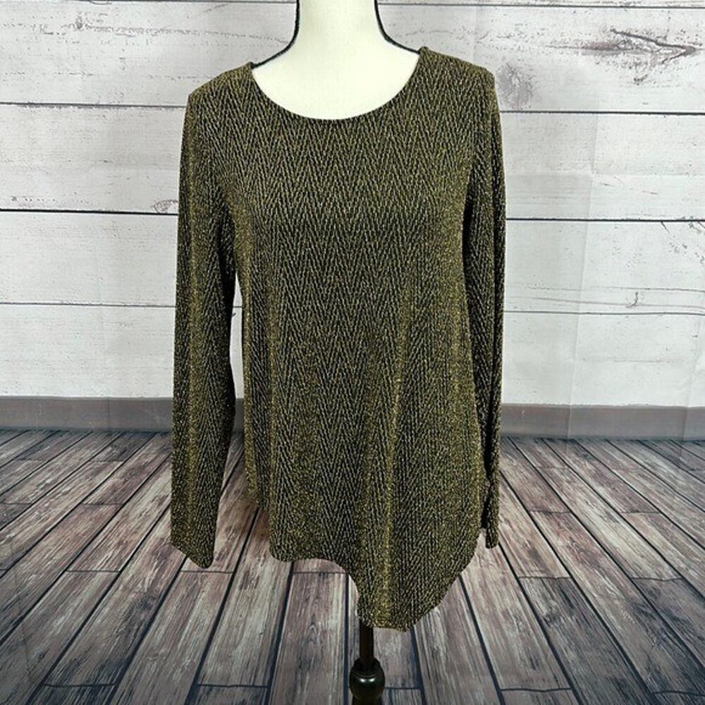 Karen Kane Top Shirt Womens Medium Black Metallic Gold Asymmetrical Slinky